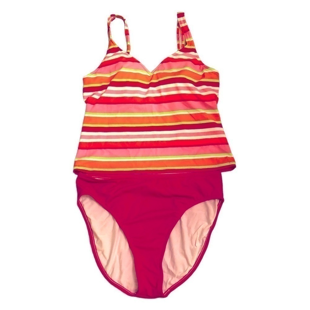 Jantzen Pink, Orange, Green & White Striped Tankini Set - Top & Bottom. Size 16